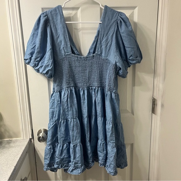 Jessica Simpson women’s blue denim chambray tiered puff sleeve bohemian dress - Picture 5 of 7